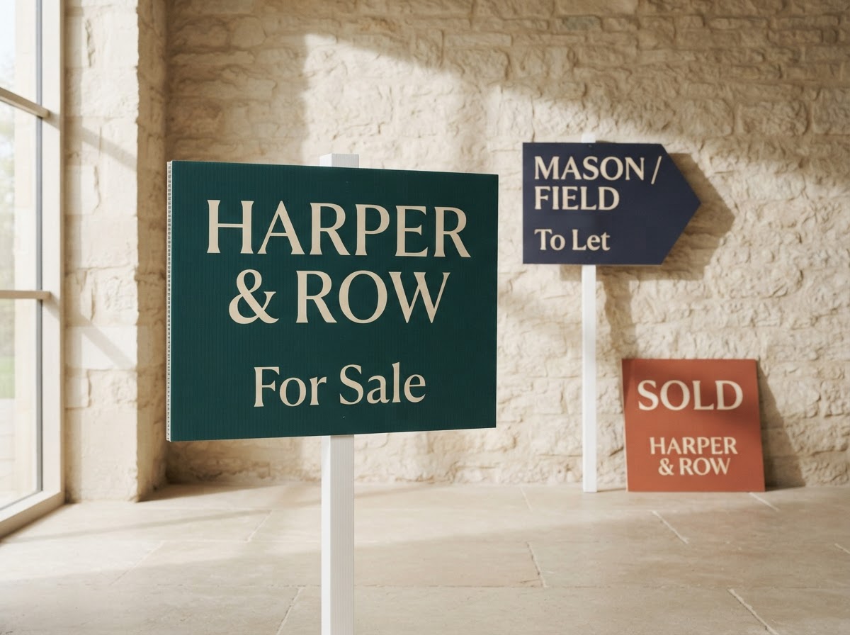 Fictional estate agency sample For Sale, To Let and Sold boards